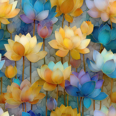 A striking arrangement of colorful lotus flowers set against an abstract background, showcasing a blend of pastel hues and intricate details, perfect for art lovers.の素材