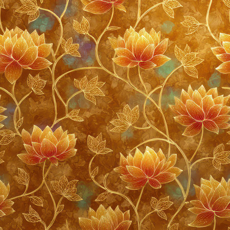 This artwork features an elegant floral pattern showcasing golden lotus flowers against a rich brown background, creating a warm and inviting atmosphere.の素材