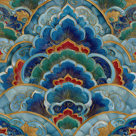 A stunning artwork featuring an intricate floral motif in vibrant blue and gold, showcasing detailed patterns that embody elegance and artistic creativity.の素材