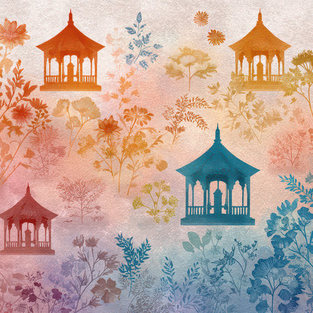 Vibrant floral pattern featuring silhouette gazebos on a textured background. Perfect for creative projects, wallpapers, and artistic designs.の素材