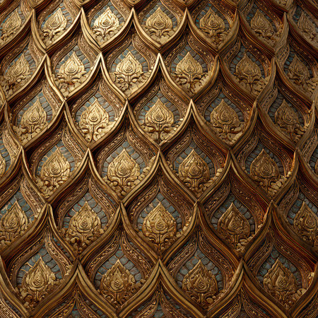 This image showcases a stunning intricate golden pattern featuring floral motifs, reflecting artistry and elegance. Perfect for designs with rich cultural themes.の素材