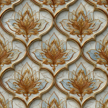 A stunning ornate floral pattern featuring intricate details and rich gold accents. Ideal for backgrounds in design, architecture, and home decor projects.の素材