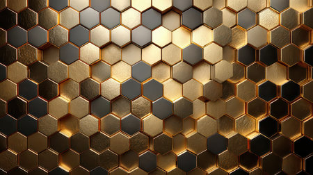 This image features an elegant honeycomb pattern in gold and black, showcasing shiny hexagons that create a visually stunning and modern design element.の素材