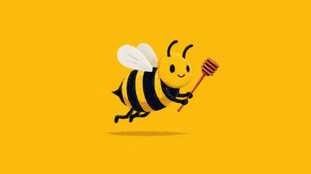 A vibrant cartoon bee joyfully flies while holding a honey stick against a bright yellow background, embodying a playful and cheerful spirit. Perfect for diverse creative projects.の素材