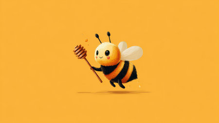 This charming cartoon bee illustration features a cheerful character holding a honey stick, set against a vibrant yellow background, perfect for playful designs.の素材