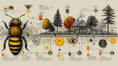 Detailed infographic showcasing the life cycle of bees and their vital role in the ecosystem, highlighting key statistics and nature elements in a visually appealing format.の素材