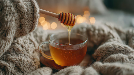 A cozy scene featuring a glass cup of herbal tea with honey dripping from a wooden dipper. This warm and inviting image evokes relaxation and comfort. Perfect for wellness themes.の素材