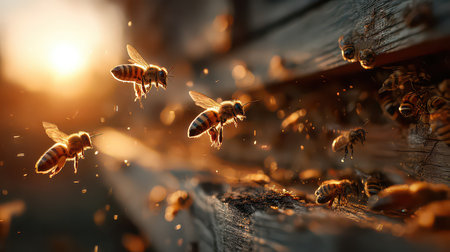 A captivating scene of bees in flight during sunset, showcasing their role as vital pollinators around a wooden beehive. The warm light highlights their beauty and movement.の素材