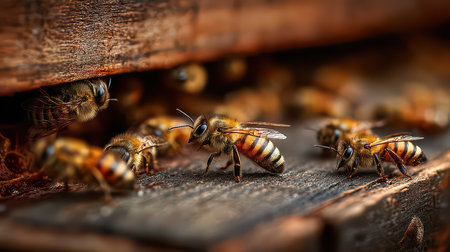 A detailed view of honey bees foraging near their wooden hive entrance, illustrating their vital role in pollination and the ecological system.の素材