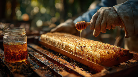 A beekeeper skillfully extracts honey from a honeycomb frame. The scene showcases the natural process of honey harvesting, emphasizing sustainability and craftsmanship.の素材