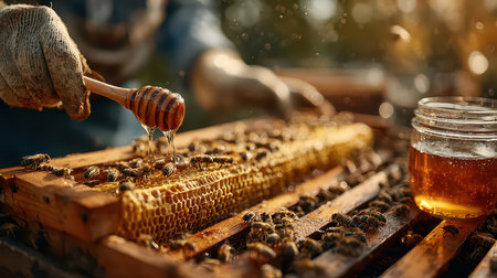 Captivating scene of honey harvesting featuring bees on honeycomb. A beekeeper drizzles golden honey from a wooden spoon into a jar. The harmonious blend of nature and agriculture shines through.の素材