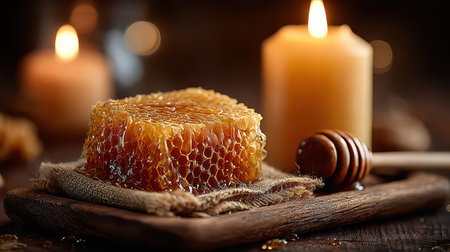 Explore the beauty of a fresh honeycomb placed on a rustic wooden board, surrounded by soft candlelight and a honey dipper, creating a warm and inviting ambiance perfect for food lovers.の素材