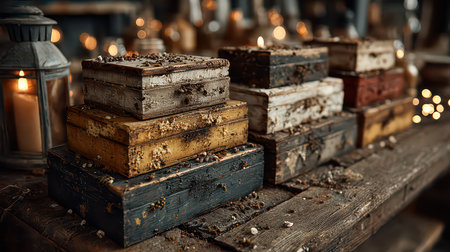 A charming arrangement of rustic wooden boxes stacked on a table, accompanied by warm vintage lanterns. Ideal for home decor and cozy interior themes.の素材