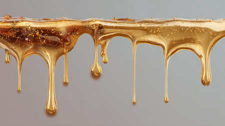 This image showcases a vibrant golden liquid gracefully dripping down a smooth surface. The rich texture and shine create an inviting and appetizing visual appeal.の素材