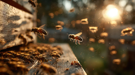 A captivating scene of busy bees flying near their hive at sunset. Soft golden light enhances the beauty of nature. This image captures the essence of pollination and ecosystem balance.の素材