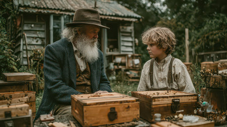 A touching moment between an elderly man and a young boy in a natural setting, capturing the essence of learning, wisdom, and familial bonds in a serene environment.の素材