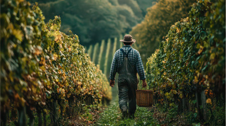 A farmer strolls through lush vineyard rows in autumn, carrying a harvest basket. The scene captures a peaceful rural life surrounded by vibrant foliage and natural beauty.の素材