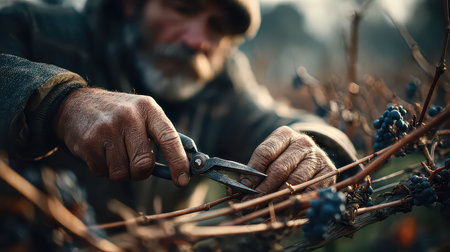 A dedicated man carefully prunes grapevines in a sunlit vineyard. This image captures the essence of traditional farming and the beauty of agricultural practices.の素材