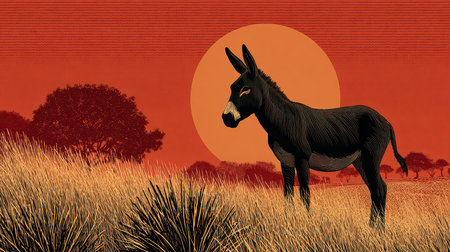 A captivating silhouette of a majestic donkey stands against a vibrant sunset, showcasing warm colors and tranquil landscapes. Perfect for nature lovers.の素材