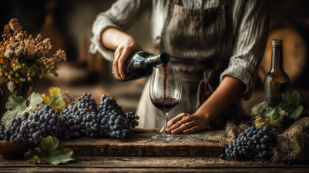 A close-up scene featuring a hand pouring red wine into a glass, surrounded by fresh grapes and rustic elements, evoking a warm and inviting atmosphere.の素材
