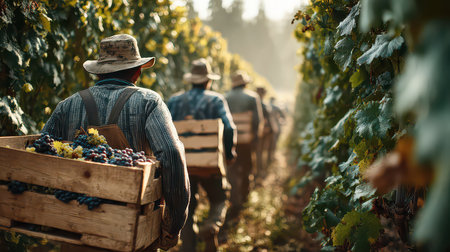 A picturesque scene depicting farmers in vintage attire harvesting grapes in a vineyard during autumn. The warm sunlight filters through the rows, illuminating nature's bounty.の素材