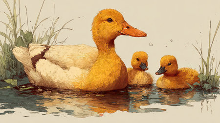 A delightful scene featuring a mother duck and her two fluffy ducklings swimming peacefully in a serene pond, surrounded by lush grass and gentle nature.の素材