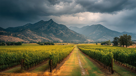 Captivating vineyard landscape with lush greenery, dramatic mountains, and a moody sky. Perfect for themes of nature, agriculture, and tranquility.の素材