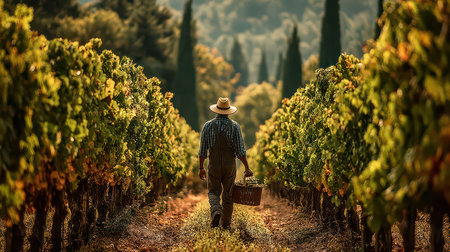 A farmer walks through a picturesque vineyard carrying a basket of freshly picked grapes. Sunlight filters through the trees, creating a serene atmosphere among the rows of grapevines.の素材