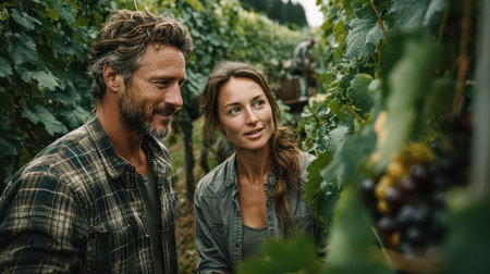 A couple shares a joyful moment in a vineyard, surrounded by lush grapevines during the harvest season, embodying love, nature, and connection.の素材