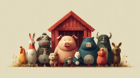 A vibrant illustration featuring a group of cartoon animals gathered in front of a charming barn. Perfect for children's stories and playful themes.の素材