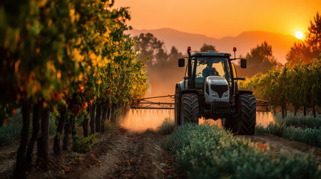 A serene sunset captures a tractor spraying pesticide in a vineyard, with dust rising among rows of grapevines. The vibrant colors create a peaceful agricultural scene.の素材