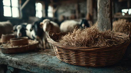 A rustic basket filled with straw sits on a wooden table inside a barn. Soft-focus farm animals create a serene backdrop, highlighting rural life.の素材
