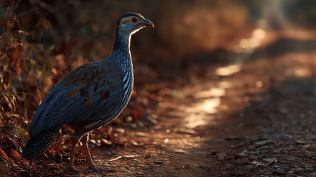 A striking bird stands gracefully on a winding path, illuminated by soft evening light. Its vivid feathers and serene presence highlight nature's beauty in a tranquil setting.の素材