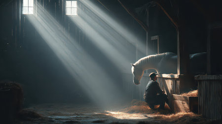 A tranquil scene depicting a man in a barn, engaging with a horse under beams of sunlight, conveying a sense of connection and peace in a rustic setting.の素材