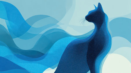 This captivating illustration features the silhouette of a cat surrounded by flowing blue abstract shapes, conveying serenity and elegance in a modern artistic style.の素材