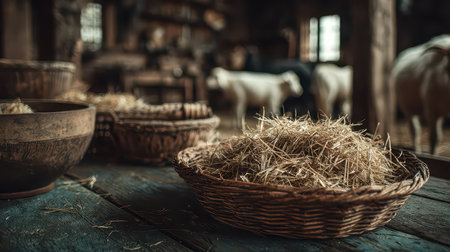 Discover the inviting atmosphere of a rustic barn featuring straw in woven baskets, wooden textures, and cattle in the background. A perfect country scene.の素材
