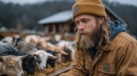 A contemplative farmer sits among goats, reflecting on farm life. The rustic setting showcases a connection to nature and dedication to livestock care in a peaceful environment.の素材