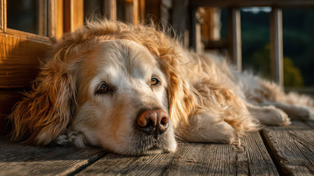 A golden retriever lies peacefully on a wooden porch, basking in the warm evening light. The dog's relaxed gaze embodies tranquility and comfort in a serene home setting.の素材
