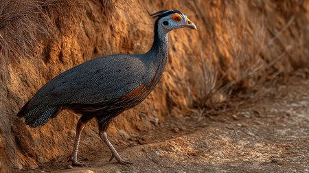A stunning bird with vibrant feathers walks along a scenic path, showcasing its unique beauty amidst a natural landscape, perfect for wildlife enthusiasts.の素材