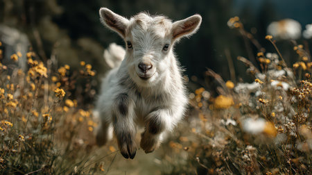 A delightful young goat leaps playfully through a vibrant meadow filled with colorful wildflowers. The scene captures the essence of joy, freedom, and nature.の素材