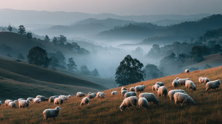 A captivating scene of sheep grazing peacefully in misty hills at dawn, showcasing the beauty of rural landscapes and tranquil nature.の素材