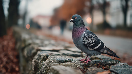 A solitary urban pigeon perches gracefully on a stone wall surrounded by autumn leaves. The scene captures the beauty of wildlife in a city setting, highlighting details of the birdの素材