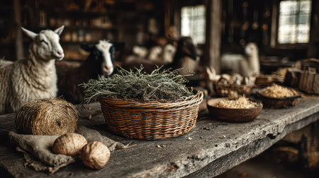A rustic farm table laden with herbs and basked in warm light, featuring sheep in a cozy barn setting. This charming image captures a serene, agricultural atmosphere.の素材