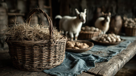 A rustic farm scene showcasing a woven basket filled with straw, surrounded by goats and fresh baked goods on a wooden table, capturing a tranquil countryside atmosphere.の素材