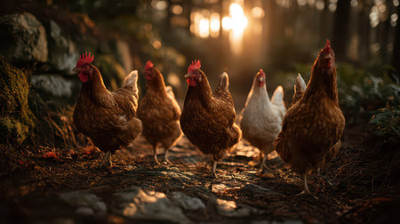 A serene image of five chickens walking along a stone path at sunset, surrounded by nature. The warm sunlight casts a beautiful glow, creating a tranquil atmosphere.の素材