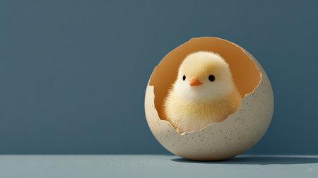 A delightful baby chick peeks out from its cracked eggshell, showcasing innocence and charm. The serene blue background enhances the uplifting nature of this image.の素材