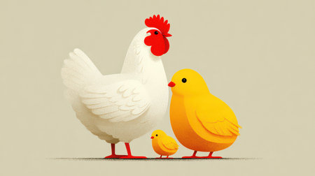This charming illustration features a white chicken with its adorable yellow chicks, embodying warmth and family love in a minimalist design. Perfect for agricultural themes.の素材