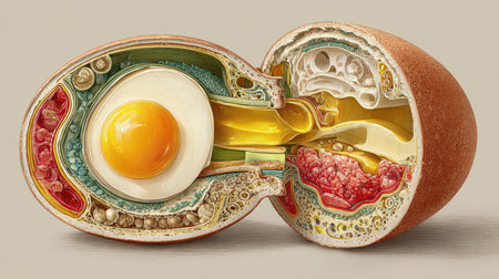 This artistic cross-section of an egg reveals its intricate layers, highlighting the yolk, egg white, and shell structure. Perfect for educational and culinary uses.の素材