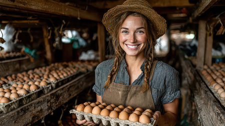 A joyful woman proudly displays freshly collected eggs in a charming farmhouse environment. The scene captures the essence of rural farming and natural production.の素材