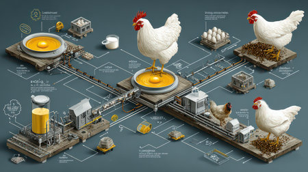 Detailed infographic illustrating the egg production process featuring chickens and eggs, showcasing farming methods, technology, and ecological impact in a visual format.の素材